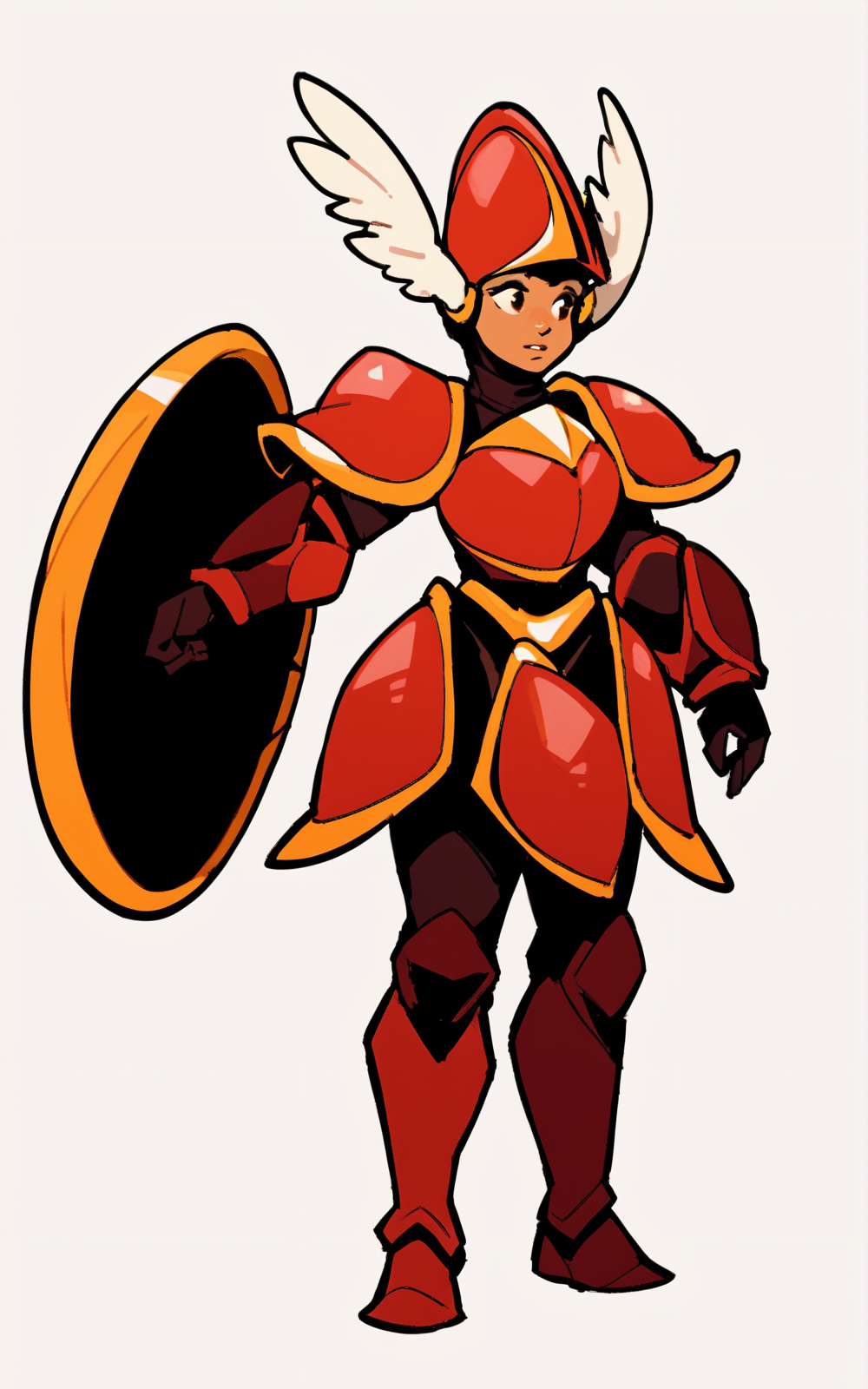 score_9, score_8_up, score_7_up,((best quality)), absurdres, ((full body)), <lora:BolivanteStyle:0.8>,   <lora:SKSKPXL:0.8>,SKSKPXL,boots, armor, helmet, head wings, shield, winged helmet,breastplate,shoulder armor,red armor, white background,female