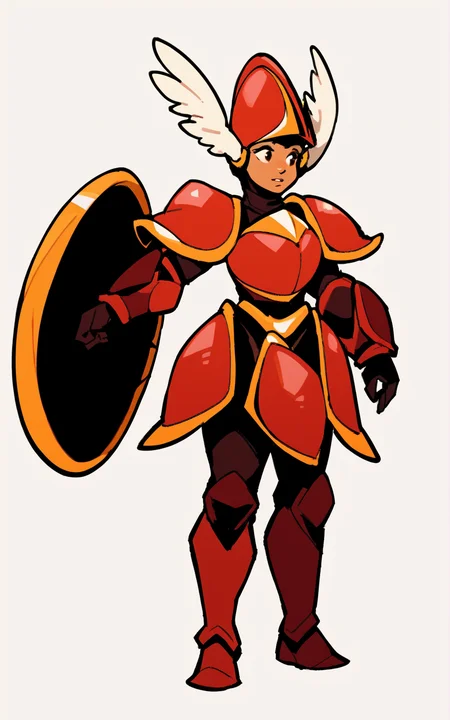 score_9, score_8_up, score_7_up,((best quality)), absurdres, ((full body)), <lora:BolivanteStyle:0.8>, <lora:SKSKPXL:0.8>,SKSKPXL,boots, armor, helmet, head wings, shield, winged helmet,breastplate,shoulder armor,red armor, white background,female