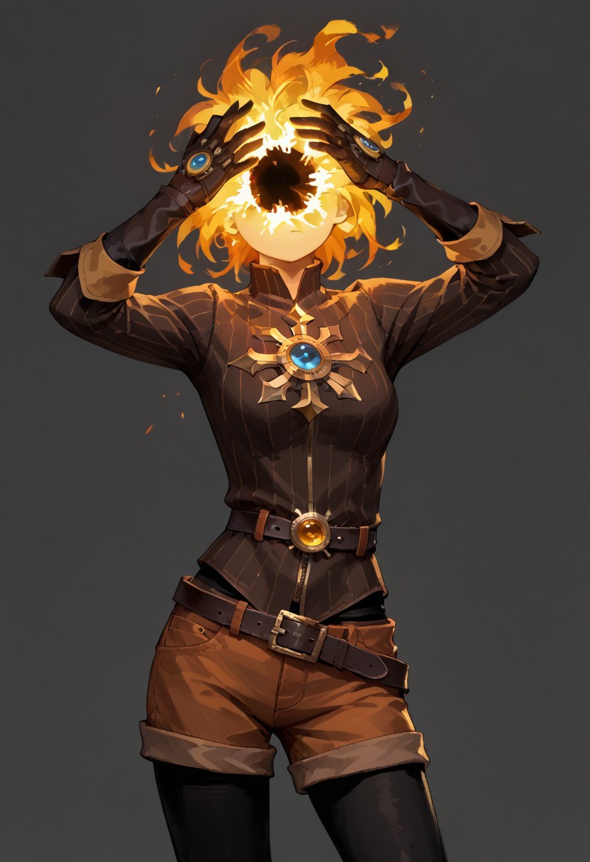 score_9, score_8_up, score_7_up,
lord_of_frenzy, fire head,
novakin, faceless, no eyes, no mouth, no nose, no facial features, short fiery yellow orange hair, body made of black plasma,
open hands, hands on face front,
hands on own head, 
shaft look, looking back, from behind, head tilt,
magical girl outfit, steampunk dress, boots, (brown shorts:1.1), black tights, medium breasts, belt,
simple background, grey background,