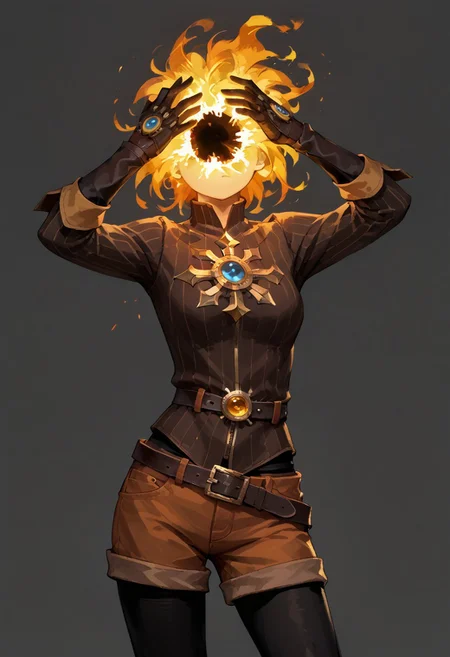 score_9, score_8_up, score_7_up,
lord_of_frenzy, fire head,
novakin, faceless, no eyes, no mouth, no nose, no facial features, short fiery yellow orange hair, body made of black plasma,
open hands, hands on face front,
hands on own head, 
shaft look, looking back, from behind, head tilt,
magical girl outfit, steampunk dress, boots, (brown shorts:1.1), black tights, medium breasts, belt,
simple background, grey background,