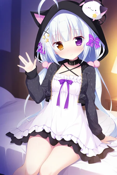 masterpiece,best quality,amazing quality,highres,scenery,newest,1girl,official style,mashiro,hair ornament,bangs,bow,hair bow,star \(symbol\),x hair ornament,purple eyes,purple bow,striped,striped bow,long hair,blue hair,ahoge,heterochromia,brown eyes,mashiro magican,hood,jacket,long hair,black collar,long sleeves,dress,collar,black jacket,white dress,hooded jacket,animal ears,open jacket,twintails,open clothes,criss-cross halter,cat ears,cropped jacket,frills,pom pom \(clothes\),<lora:heart in love-mashiro-V2:1>,bedroom,bed,sitting,looking at viewer,smile,waving,from side,