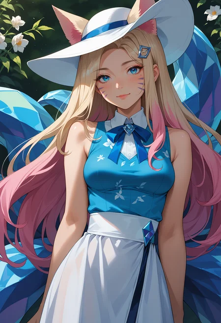 score_9, score_8_up, score_7_up, source_anime, <lora:Ahri_KDAAllOut_pdxl_Incrs_v1:0.8>, ahrikdaallout, animal ears, facial mark, blue eyes, breasts,
multiple tails, blue tail,
multicolored hair, long hair, blonde hair, pink hair, hair ornament,
makeup,
1girl, aqua shirt, blue ribbon, blush, cowboy shot, floral print, flower, hat, light smile, looking at viewer, looking to the side, neck ribbon, ribbon, shirt, skirt, sleeveless, sleeveless shirt, solo, very long hair, white flower, white hat, white skirt, white clothes,