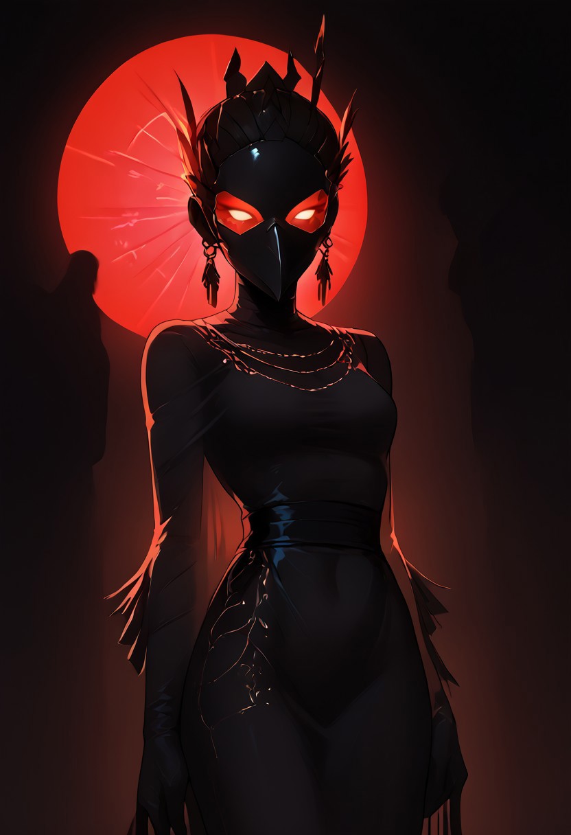 score_9, score_8_up, score_7_up, 1girl, wtsstadamit, silhouette, dress,see-through, BirdMask, Long Beak, Feathers Mask, mummification \(bound\), g0th1c, glowing, neon lights, glowing eyes, best quality, perfect body