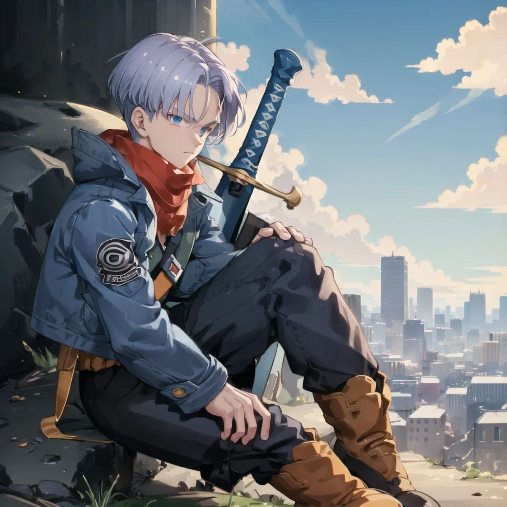 best quality, best quality, TrunksV4, solo, blue eyes, 1boy, sitting, jacket, weapon, male focus, boots, outdoors, sky, day, pants, sword, blue sky, serious, cityscape, denim jacket, <lora:TrunksV4-10:1>
