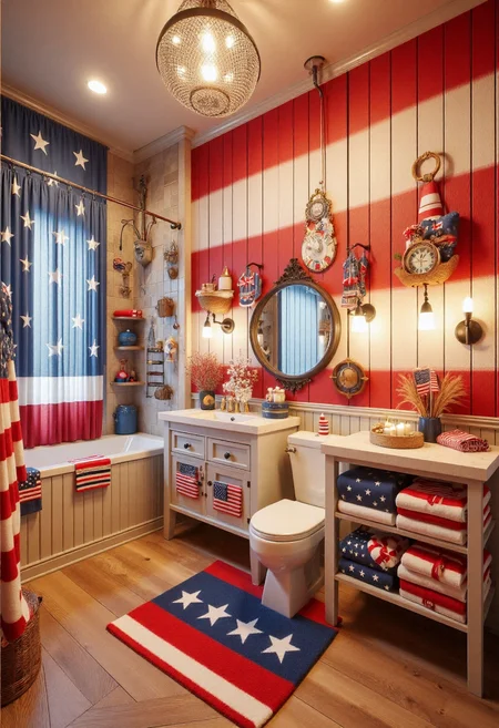 <lora:Custom_Bathroom_Crafter_FLUX-000013:0.9>
This is a photograph of a rustic, patriotic-themed bathroom, with red white and blue theme.