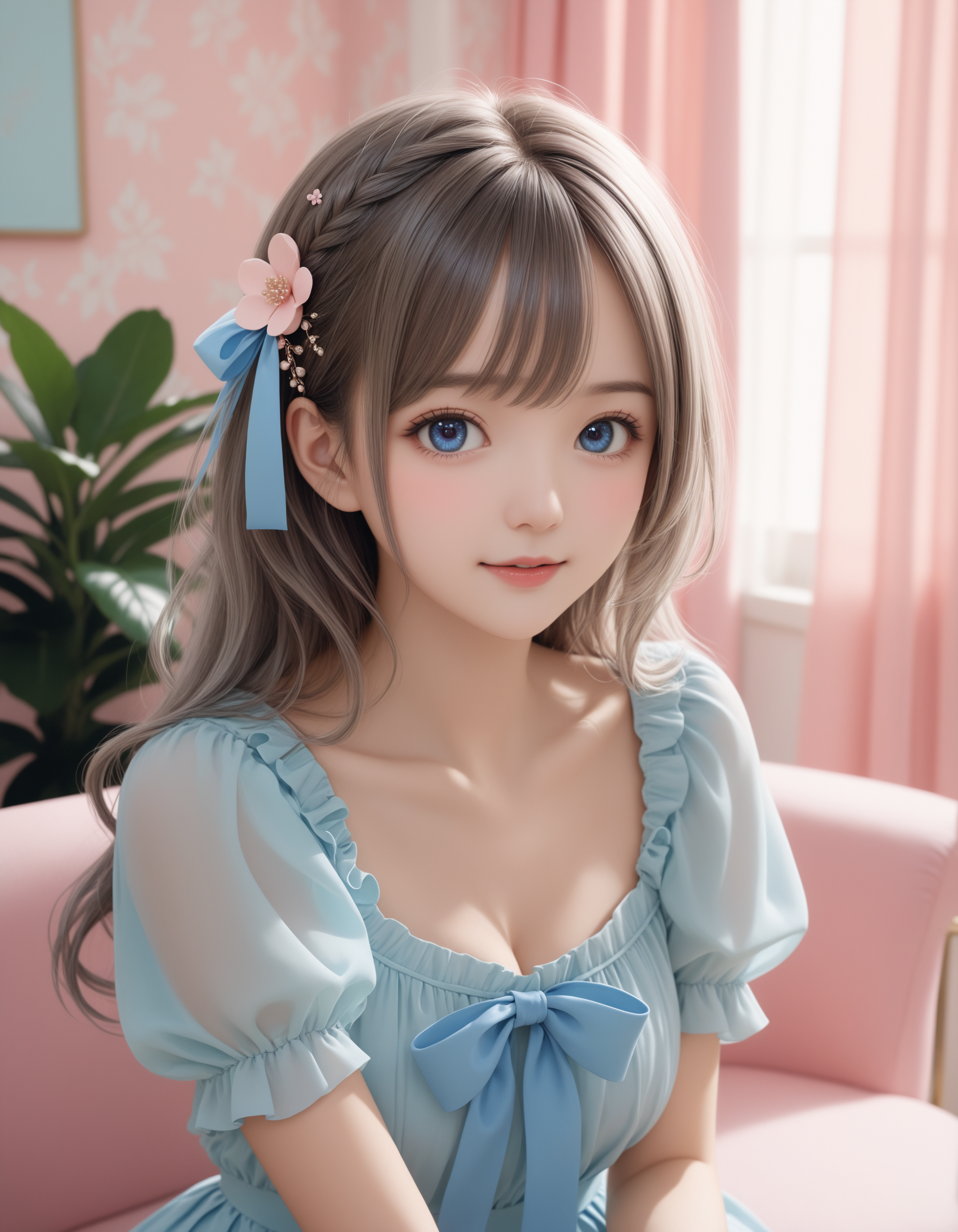 SceneDescription:
  - Composition: Portrait. Face focus. Shooting from front.
  - Subject: A cute girl.
    - Characteristics:
      - Face: (Cute round face:1.2).
      - Eyes: Detailed dark-blue eyes.
      - Hair: Long wavy hair with big ribbon hair ornament, (gray hair), (gray inner hair) and hair between eyes.
      - Body: Detailed slender body. Large breasts.
      - Clothing: White ruffled blouse, saxe-blue ribbon tie, short ruffled sleeves and layerd skirt.
      - Expression: Amused expression. Open mouth.
      - Posing: Head tilt. Looking at viewer.
  - Background: Fashionable cafe living room.
    - Elements: Decorative plants. Pastel pink sofa. Pastel cute curtains. Pastel cute wallpaper.
Time: Daytime.
Lighting: (Natural lighting:1.4).
ArtStyle: Photorealistic. Cute style.
Quality: Intricate details. Extremely detailed. Outstanding intricacies. (Masterpiece:1.2). (Best quality:1.2). (Absurdres absolutely resolution:1.4).
Mood: Serene atmosphere.