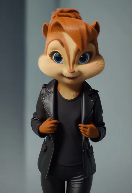 score_9, score_8_up, score_7, score_6, spooky forest, brittany miller, chipmunk, furry, short ears, black shirt, black leather coat, black leather pants, looking at viewer, 6 inches tall