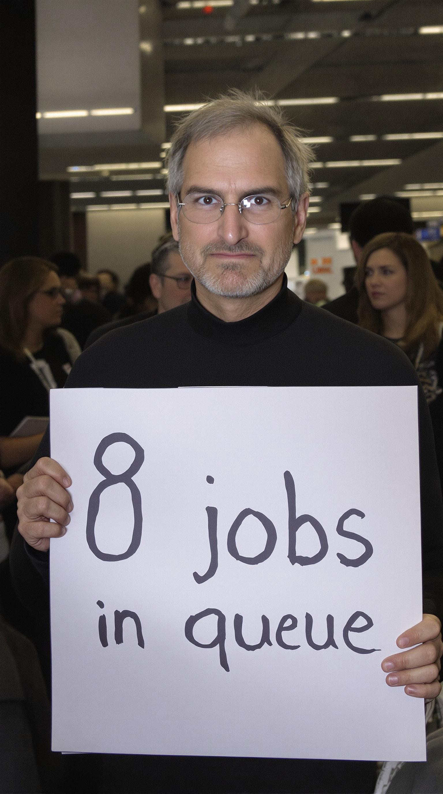 Steve Jobs is waiting in line with a sad face. Looking at viewer. holding a sign with words "8 jobs in queue". Crowded