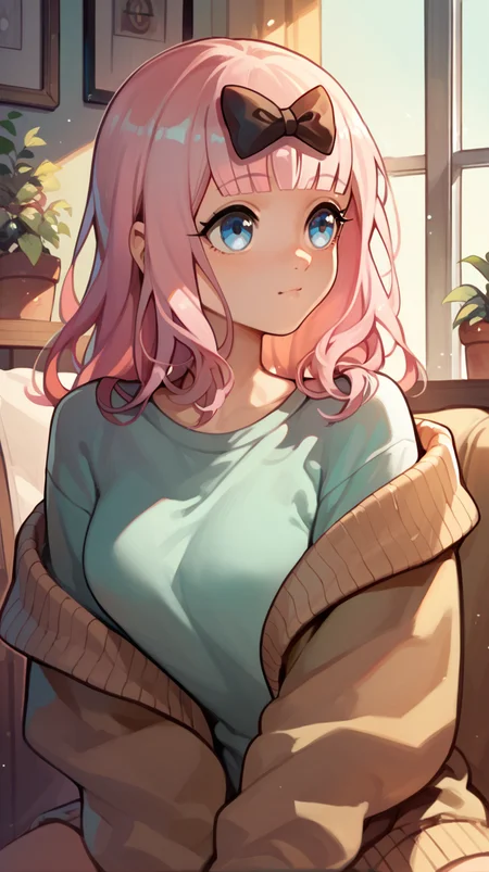 score_9, score_8_up, score_7_up, score_6_up, 1 girl, sweater, on divan, indoors, fujiwara_chika, pink hair, hair bow, kaguya-sama wa kokurasetai ~tensai-tachi no renai zunousen~,