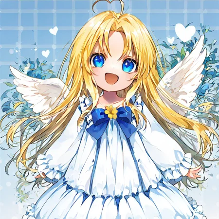score_9, score_8_up, score_8, score_7_up, 
1girl, solo, AEFilo, blue eyes, blonde hair, ahoge, long hair, white wings, blue bowtie, white dress, frilled dress, frilled sleeves, long sleeves, barefoot, polka dots background, smile, open mouth, close shot, cute girl, looking at viewer,
cute, kawaii, hearts, holding flower, cupped hands,