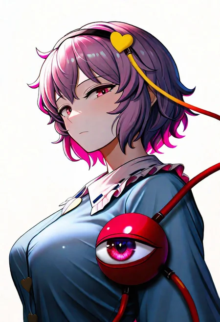 komeiji_satori,touhou,"komeiji satori, touhou","1girl, pink eyes, purple eyes, third eye, short hair, pink hair, purple hair, hairband, long sleeves, eyeball, heart, big breast, (komatsuzaki rui), {{beautiful detailed face}}, realistic, {{aesthetic}}, {{{best quality}}}, stunning, very vibrant, looking at viewer, upper body, bright, warm, reflect light, masterpiece, best quality, very aesthetic, elegant, close-up, pureerosface_v1, upper body, professional lighting, plain background, white background, (((masterpiece,best quality,newest,absurdres,highres)))