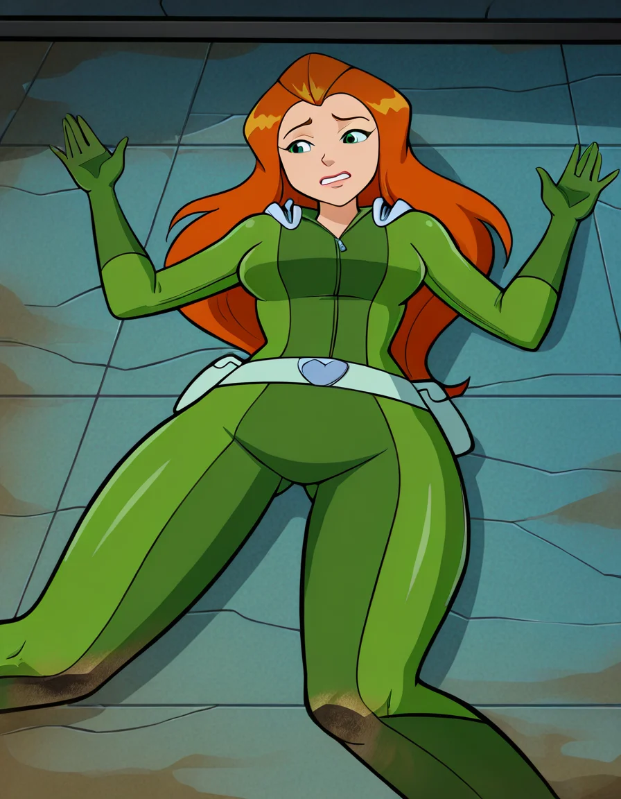 best quality, masterpiece, absurdres, detailed background, centered, centered, view, 1girl, inside, factory, dirty floor,
<lora:flatteningv3:0.9>, flattened, flattened_girl, paper_thin, wringer, on back, on ground
<lora:hskc-sam-illust-v0.5:0.8>, sam \(totally spies\), orange hair, long hair, green eyes,, green bodysuit, belt, green eyes,