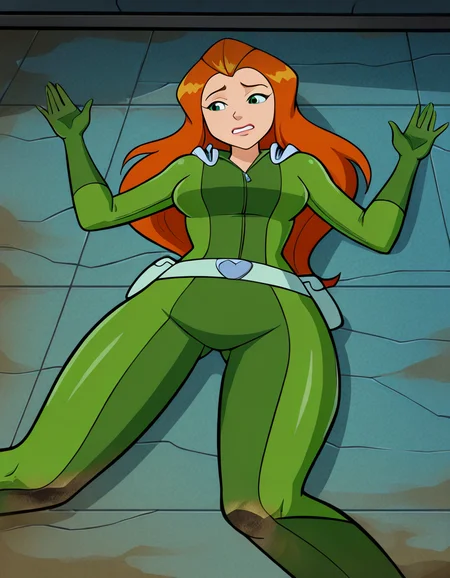 best quality, masterpiece, absurdres, detailed background, centered, centered, view, 1girl, inside, factory, dirty floor,
<lora:flatteningv3:0.9>, flattened, flattened_girl, paper_thin, wringer, on back, on ground
<lora:hskc-sam-illust-v0.5:0.8>, sam \(totally spies\), orange hair, long hair, green eyes,, green bodysuit, belt, green eyes,