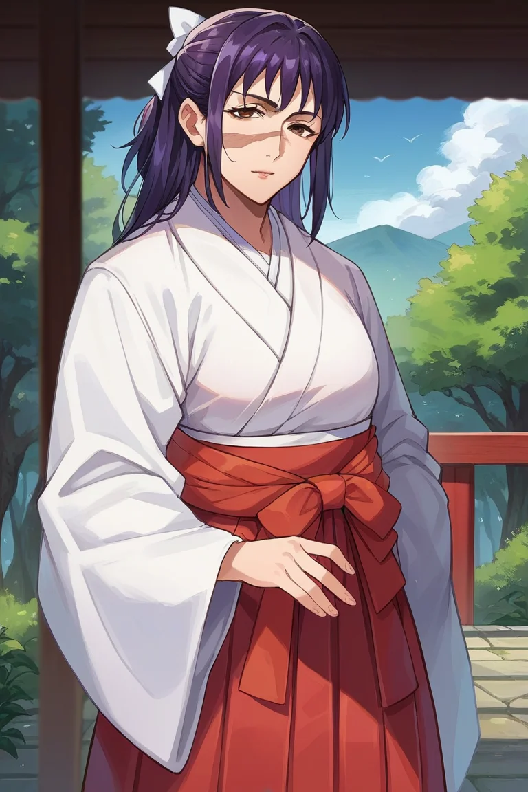 score_9, score_8_up, score_7_up, score_6_up, score_5_up, score_4_up, rating_questionable, , source_anime, digital illustration, pixiv, fanbox, uncensored, , BREAK, official art,
1girl, solo, mature female, utahime, purple hair, brown eyes, hair ribbon, face scar,
japanese clothes, red hakama skirt, miko, outdoors, cowboy shot, looking at viewer, colorful, vivid,, <lora:Utahime_Iori_Pony_Large-09:1.0>