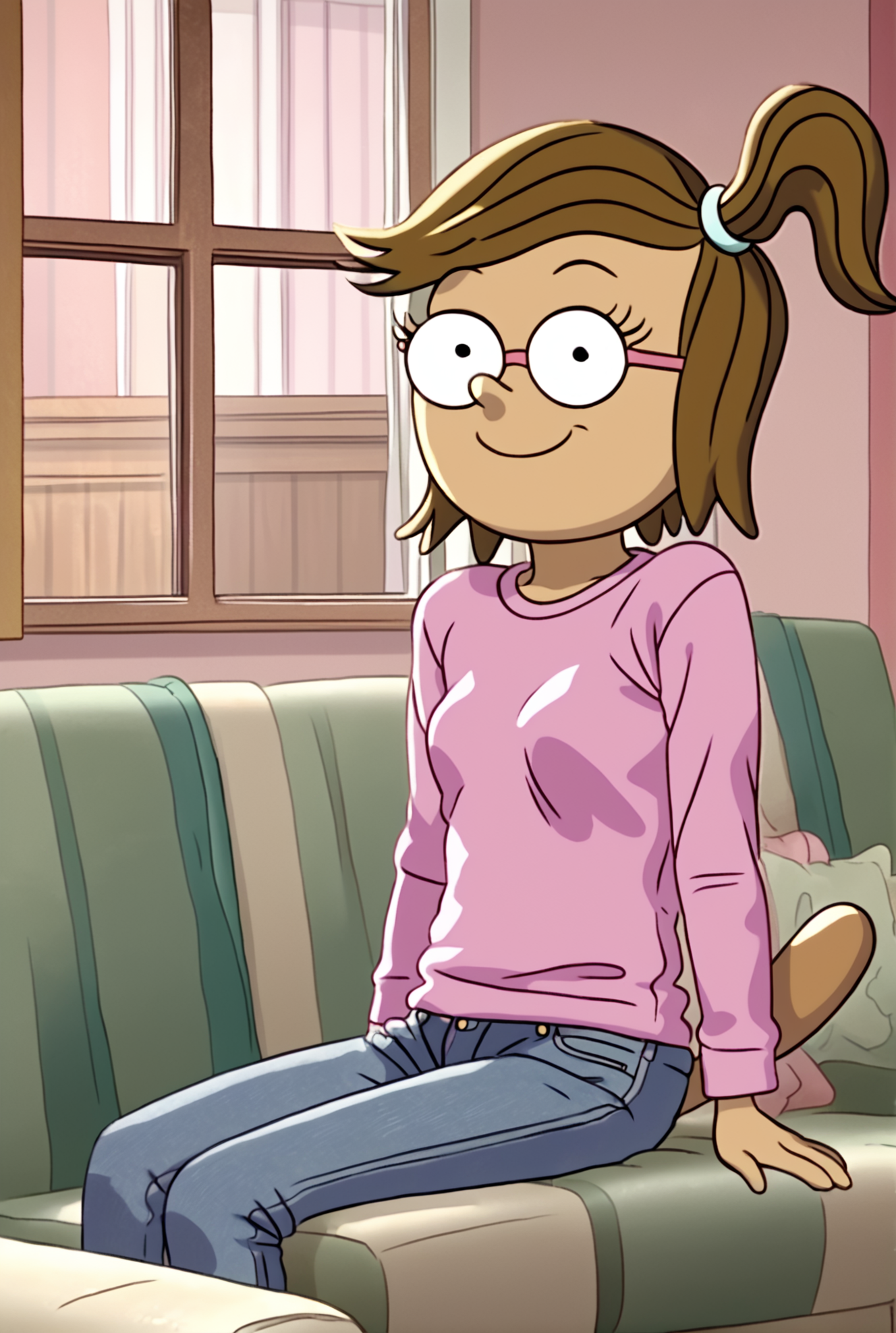 score_9, score_8_up, score_8,
<lora:Eileen_Roberts_Regular_Show_for_PonyXL:0.8> 1girl, furry female, eil33n, brown hair, glasses, side ponytail, tail, pink shirt, jeans, 
parody, source_cartoon,
sitting on couch, living room, window,  smile, looking at viewer,