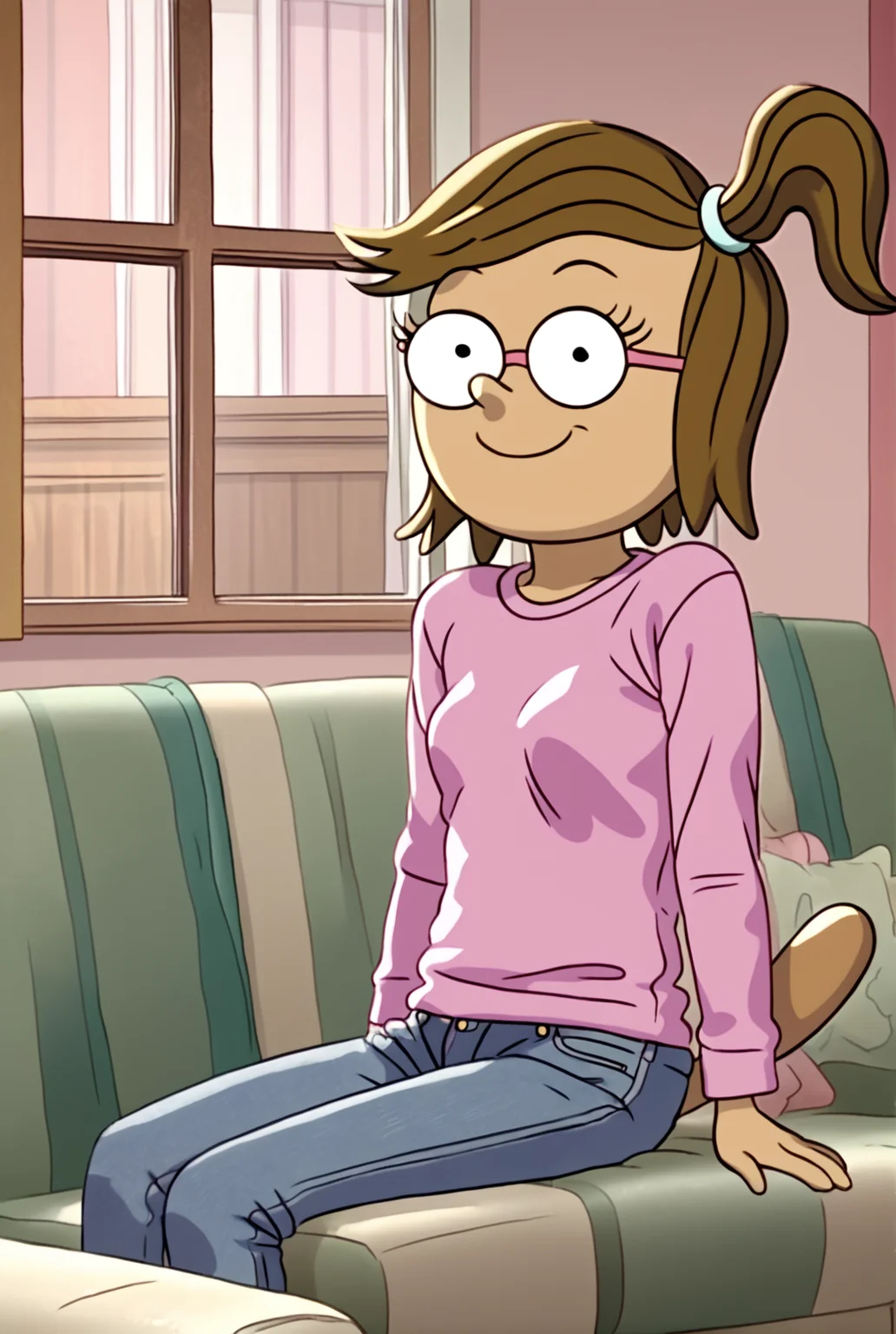 score_9, score_8_up, score_8,
<lora:Eileen_Roberts_Regular_Show_for_PonyXL:0.8> 1girl, furry female, eil33n, brown hair, glasses, side ponytail, tail, pink shirt, jeans,
parody, source_cartoon,
sitting on couch, living room, window, smile, looking at viewer,