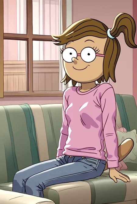 score_9, score_8_up, score_8,
<lora:Eileen_Roberts_Regular_Show_for_PonyXL:0.8> 1girl, furry female, eil33n, brown hair, glasses, side ponytail, tail, pink shirt, jeans,
parody, source_cartoon,
sitting on couch, living room, window, smile, looking at viewer,