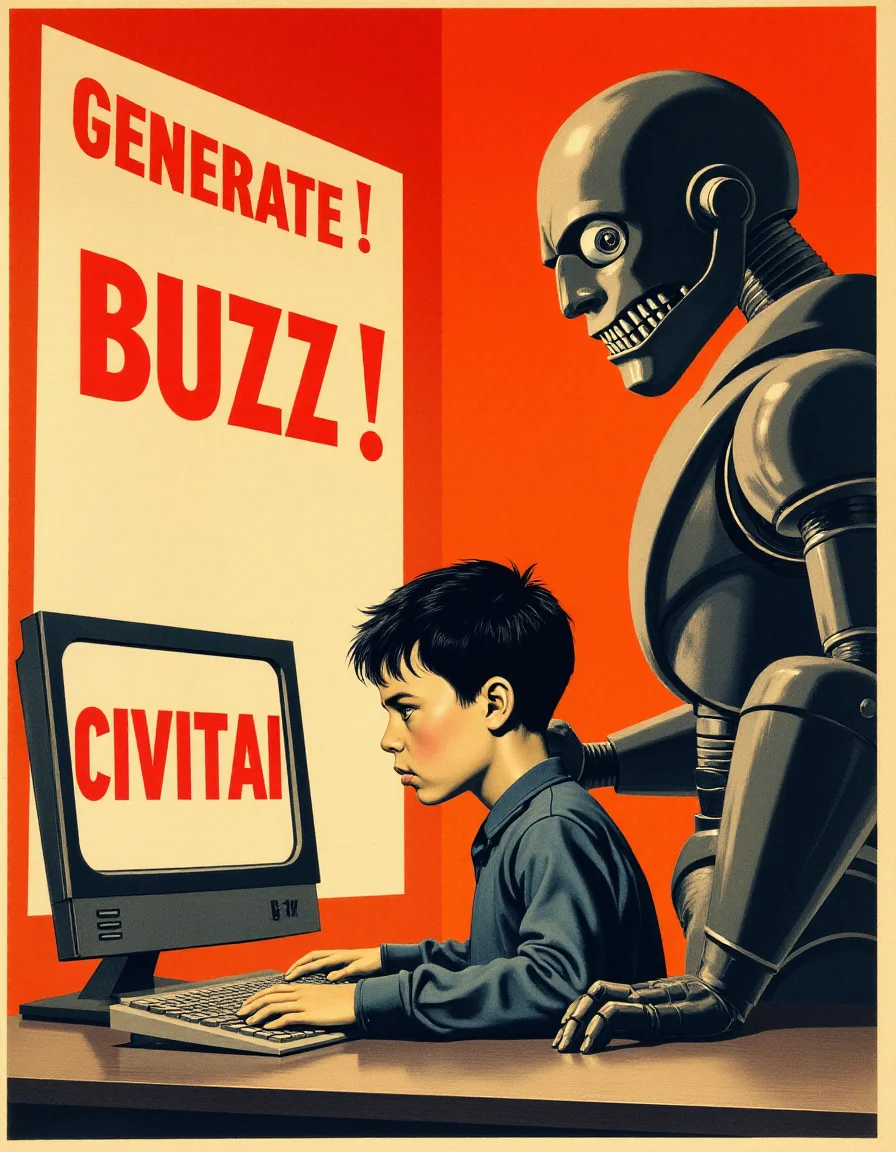 Bauhaus-Style Poster, <lora:Soviet_Flux_2:0.9> , Soviet poster, soviet style, sad boy is sitting at the computer, text on the computer "CIVITAI",angry robot is standing nearby, text on the poster "GENERATE!", <lora:Hand v2:1> Detailed hands, Perfect hands, Big poster with text "BUZZ" on the wall, simple geometric shapes, clean lines, primary colors, Bauhaus-Style Poster