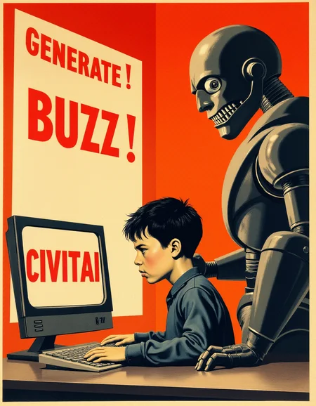 Bauhaus-Style Poster, <lora:Soviet_Flux_2:0.9> , Soviet poster, soviet style, sad boy is sitting at the computer, text on the computer "CIVITAI",angry robot is standing nearby, text on the poster "GENERATE!", <lora:Hand v2:1> Detailed hands, Perfect hands, Big poster with text "BUZZ" on the wall, simple geometric shapes, clean lines, primary colors, Bauhaus-Style Poster