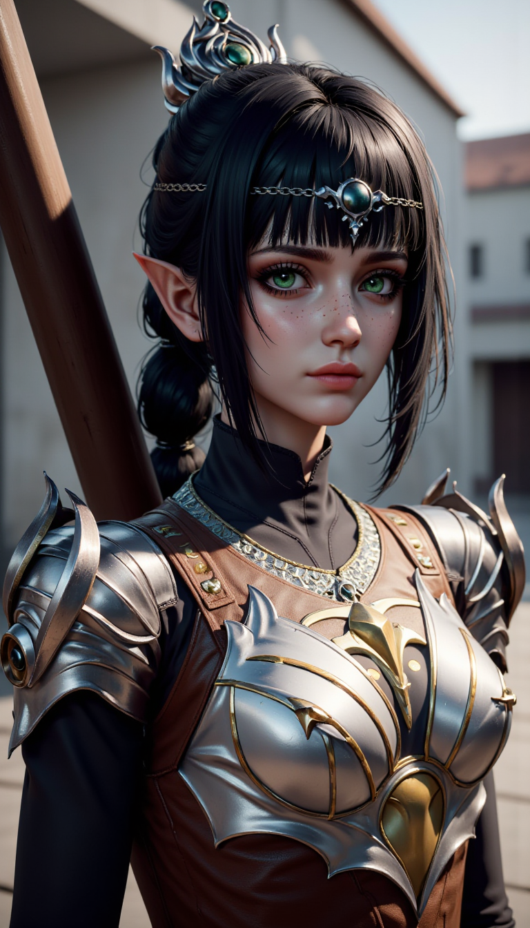 A (photorealistic photograph:1.3) 
of a female character, 1girl, solo, breasts, looking at viewer, bangs, black hair, hair ornament, jewelry, standing, day, sword, armor, green eyes, nose scar, bodysuit, makeup