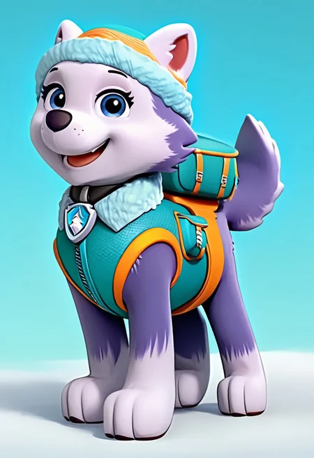 BREAK Score_9_up, Score_8_up, Score_7_up, source_anime, 1girl, solo, everest, dog, feral, teal cap, teal jacket with an orange trim, white fluff, black fur, blue eyes, full body,