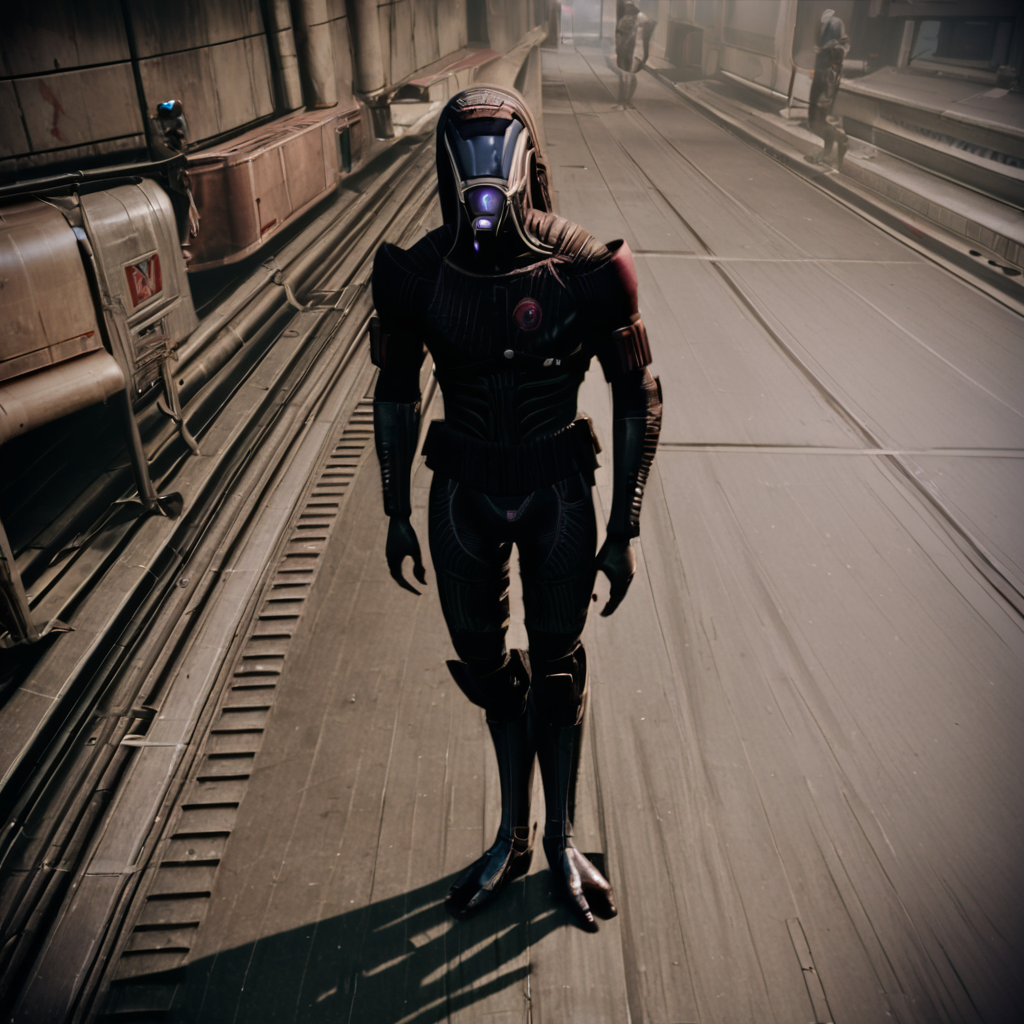 <lora:Mass_Effect_Quarians_PONY:1>, quarian, 1boy, standing, pink, wide hips, <lora:photov3:1>, realistic, style,