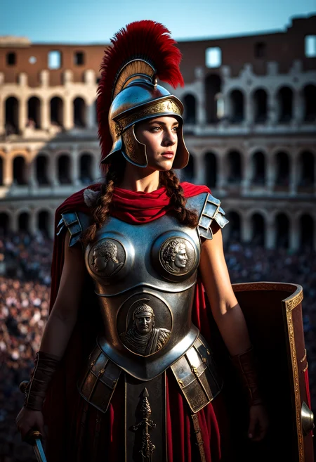 In the heart of a grand coliseum, a female gladiator stands ready for battle, her presence commanding attention. She is dressed as a Roman Centurion. Her breastplate, crafted from polished steel, intricate engravings of a decorated Roman General. Her helmet is adorned with a sweeping vermilion plume, braided hair coming out from under the helmet. In her hands, she wields a gladius - IE a Roman sword, and a shield. She is dressed in vermilion and artic blue, to reflect the house she represents. <lora:artist/style of Anato Finnstark FLUX 334.safetensors:1.0>, style of Anato Finnstark, <lora:artist/style of Miles Aldridge FLUX 154.safetensors:1.0>, style of Miles Aldridge, <lora:flux/ARTifacts.safetensors:1.0>, <lora:flux/Sinfully Stylish .02 for FLUX-000002.safetensors:1.0>, <lora:flux/Herbst Photo 35mm Flux V3.safetensors:1.0>, herbstphoto, herbst photo