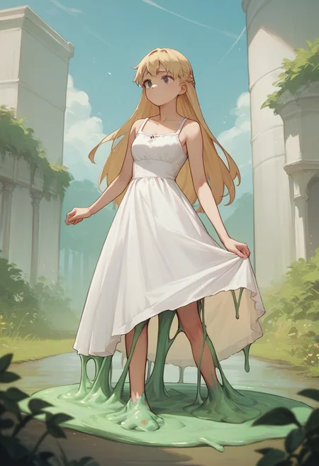 score_9, score_8_up, score_7_up, score_6_up, source_anime, <lora:slime_v0.1-pony:1>
1girl, long hair, blonde hair,
sundress,
slime under dress,