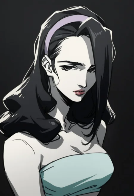 score_9, score_8_up, score_7_up, portrait, Stylized digital painting of Marnie, 1girl, confident, black hair, long hair, black eyes, hairband, lipstick, large breasts, narrow waist, tube top, navel, looking at viewer, black background, high contrast, shadows, charcoal sketch, full lips, bold, striking,