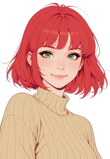 HDR, 8K, high contrast, masterpiece, best quality, amazing quality, very aesthetic, retro artstyle, realistic, promotional art, newest, volumetric lighting, 
(artist:incase:0.5), (artist:tsuaii:0.5),  (flat colors:2), haiz_ai, no lineart, no outline, 
1girl, portrait, looking at viewer, red hair, green eyes, smile, large sweater;
white background,