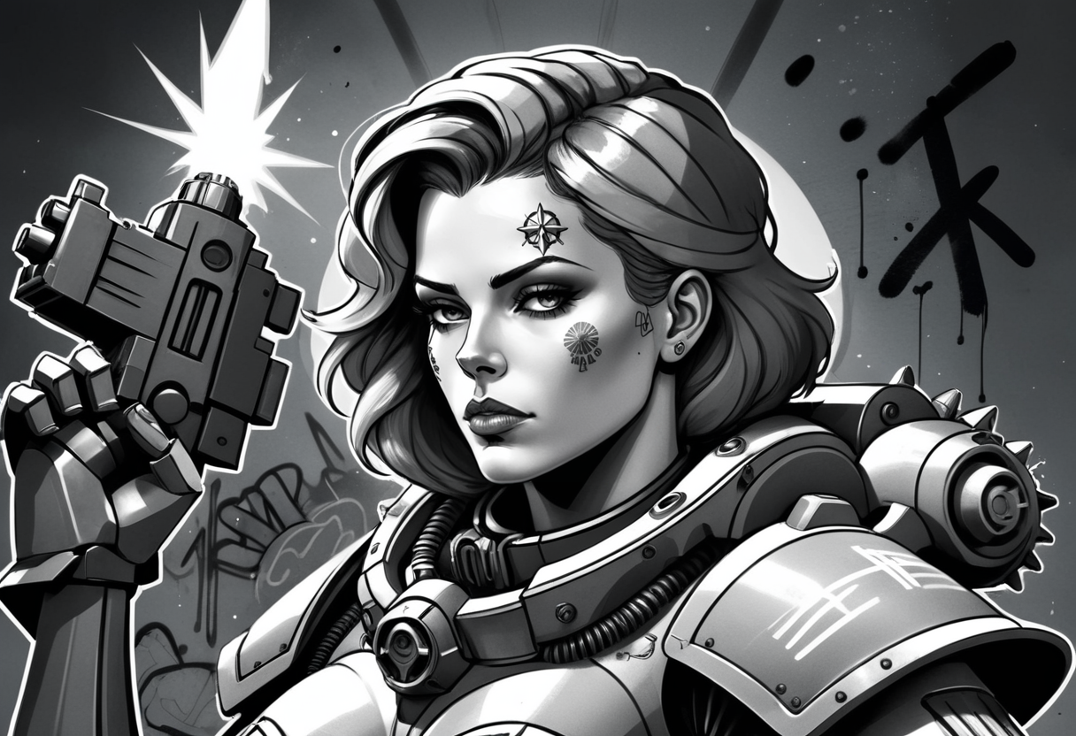 (Digital Illustration), beautiful Sister of Battle, Black and white power armor, blush, halo above her head, portrait, cleavage, dynamic composition, graffiti \(style\), bold lines, dramatic shading, color splashes, line art, limited color palette, extremely detailed,
<lora:Sisters-of-Battle-subset-000004:1>