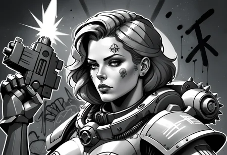 (Digital Illustration), beautiful Sister of Battle, Black and white power armor, blush, halo above her head, portrait, cleavage, dynamic composition, graffiti \(style\), bold lines, dramatic shading, color splashes, line art, limited color palette, extremely detailed,
<lora:Sisters-of-Battle-subset-000004:1>