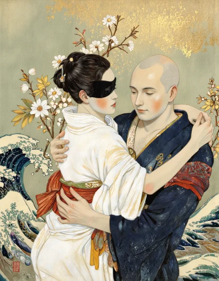 By Taiyo Matsumoto. This image is a digitally created, stylized drawing in the traditional Japanese ukiyo-e art style. It features two figures, a man and a woman, positioned closely together in a tender, intimate embrace. The woman, on the left, has a fair complexion and short, dark hair styled in a traditional updo. She wears a white kimono with a red sash, and her eyes are partially obscured by a black patch, giving her a mysterious and alluring appearance. The man, on the right, has a shaved head and a fair complexion. He is dressed in a dark blue kimono with a red sash, and his expression is one of contentment and love, with his eyes closed and a gentle smile on his face. 
The background is a richly detailed, textured scene with a soft, muted color palette. It includes traditional Japanese elements such as stylized waves, flowers, and a decorative pattern resembling bamboo. The colors are primarily pastel shades of green, blue, yellow, and red, with a subtle gold hue. The overall composition and use of traditional Japanese elements evoke a sense of nostalgia and cultural heritage, while the intimate nature of the figures and their embrace suggest a deep emotional connection. <lora:Taiyo_Matsumoto-000008:1>
