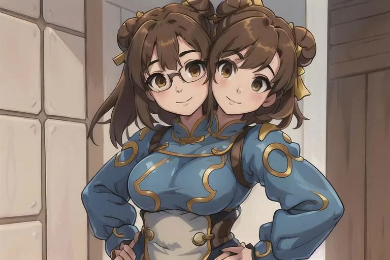 <lora:conjoined_dicephalus:1>,conjoined_dicephalus,(two heads:1.5), 1girl, solo, brown hair, brown eyes, hair ornament, hair bun, thick, plump, confident pose, hands on hips, looking at the horizon, glasses, fur footwear, friendly face expression, gentle smile, best quality, <lora:meiV2:0.7> perfect face, perfect brown eyes with white sclera, <lora:Chun-Li_v2.0:1>, bad-hands-5, solo, 1girl, upper body, brown hair, sf2 chun, chinese clothing, smile, wide hips, muscular female, blue clothes, puffy short sleeves, bun cover, sash, sfw, kung fu