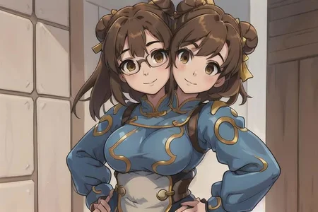 <lora:conjoined_dicephalus:1>,conjoined_dicephalus,(two heads:1.5), 1girl, solo, brown hair, brown eyes, hair ornament, hair bun, thick, plump, confident pose, hands on hips, looking at the horizon, glasses, fur footwear, friendly face expression, gentle smile, best quality, <lora:meiV2:0.7> perfect face, perfect brown eyes with white sclera, <lora:Chun-Li_v2.0:1>, bad-hands-5, solo, 1girl, upper body, brown hair, sf2 chun, chinese clothing, smile, wide hips, muscular female, blue clothes, puffy short sleeves, bun cover, sash, sfw, kung fu