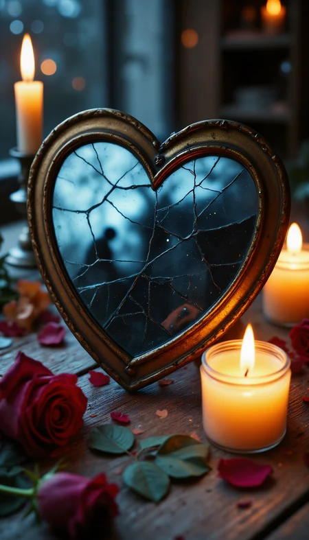 A heart-shaped mirror shattered into pieces, each fragment reflecting a different memory of love lost, with wilted roses and flickering candles scattered across a wooden table.
