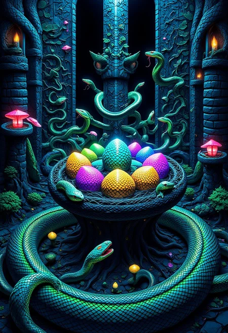 sn4k3, aidmamj6.1, anime, cyberpunk, A mystical snake cave glows with eerie light, its walls etched with ancient serpent carvings. At the center, a massive nest of woven roots and shimmering scales cradles magical snake eggs, each pulsing with otherworldly hues—gold, blue, purple, and green, like miniature galaxies. Bioluminescent fungi and glowing crystals cast a surreal glow, while serpents slither protectively around the nest. The air hums with ancient power, mystery, and the quiet hiss of unseen guardians.