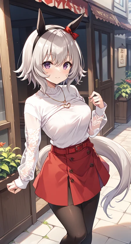 score_9,score_8_up,score_7_up,
official art,official style,game cg,megami magazine,
uncensored,
1girl,
crc casual,curren chan (umamusume),
animal ears,belt,black pantyhose,blush,bow,ear bow,ear covers,
fishnet pantyhose,fishnets,grey hair,hair between eyes,horse ears,horse girl,
pantyhose,purple eyes,red belt,red bow,red skirt,short hair,skirt,
sweater,white sweater,bangs,black hairband,eyebrows visible through hair,
hairband,highres,horse tail,long sleeves,see-through,see-through sleeves,
shirt,tail,violet eyes,sleeves past wrists,black legwear,
eyebrows behind hair,hair ribbon,headband,ribbon,silver hair,
jewelry,necklace,heart necklace,long dress,
standing,
<lora:umamusume_curren_chan_pony_v1:1>,