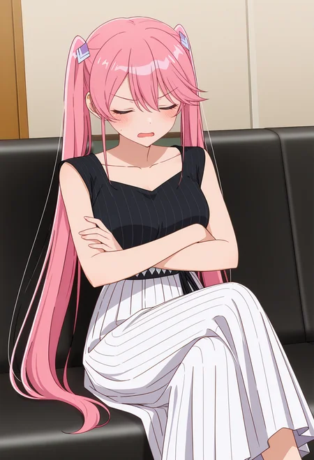 <lora:OUKA SHIUNJI_illustrious-000046:1>,
OUKA SHIUNJI,crossed arms,solo,skirt,closed eyes,twintails,open mouth,sleeveless,sleeveless shirt,shirt,blush,collarbone,indoors,black shirt,hair ornament,white skirt,very long hair,sweatdrop,long skirt,crossed_legs