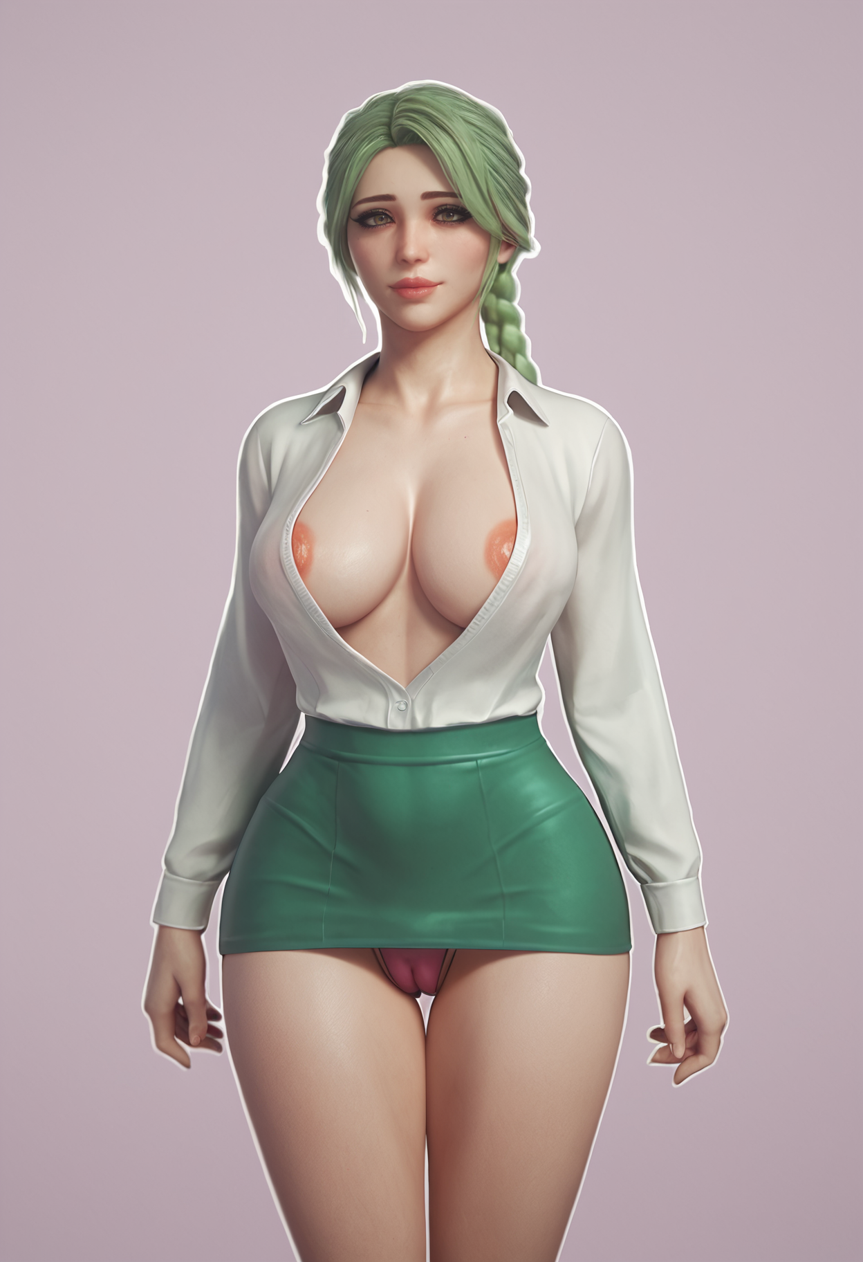 score_9, score_8_up, score_7_up,
 <lora:Jared999D_SKNFW:1> Jared999D_SKNFW, 
1girl, solo,
standing,
looking at viewer,
Emerald Green hair, Fishtail Braid,
Small and conical breasts breasts, curvy, 
teacher, skirt, white shirt, cleavage, areola slip, highleg panties, thong, cameltoe, glow cleavage, open clothes,
Lavender background with large pink ovals scattered about.,