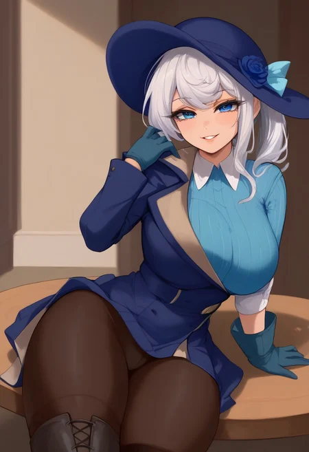 score_9,score_8_up,score_7_up BREAK <lora:rapierchan:1>,rapierchanSDXL,1girl,solo,looking at viewer,smug smile, parted lips,thighhighs,gloves,hat,dress,flower,white hair,pantyhose,boots,side ponytail,skyblue eyes,feathers,blue jacket, light blue striped shirt, blue headwear,blue flower,blue gloves,hat feather,room,room background,cowboy shot,from front,looking at viewer, sitting on table, huge breasts under clothes + big ass + thick thighs, wide hips.