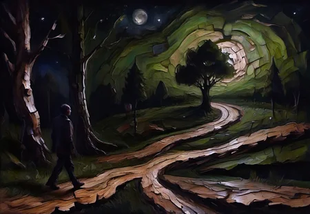 a surrealist painting of a dark meandering country road made out of (Jed-brk), night, birch trees, a dark human figure, green moonlight, swirly, ((stars)), dark-grasshrooms, dark, backlit, low key, sidelight, silhouette, depth of field, blurry foreground