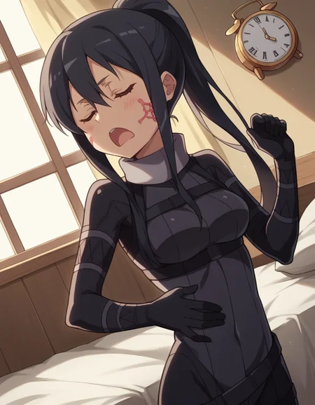 score_9, score_8_up, score_7_up, source_anime, <lora:pitohui-s1-ponyxl-lora-nochekaiser:1>, pitohui, long hair, black hair, ponytail, facial mark, sidelocks, medium breasts,, bodysuit, black bodysuit, long sleeves, belt, , bedroom, alarm clock, morning routine, yawning, stretching, on bed,, , , hand on stomach, blush,, solo,, cowboy shot, dutch angle,