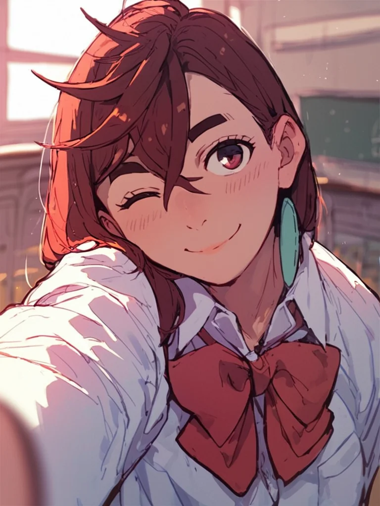 score_9, score_8_up, score_7_up, score_6_up, score_9, score_8_up, score_7_up, score_6_up, BREAK,
selfie, one eye closed, head tilt, solo, solo focus, solo, school uniform, classroom, smile,
<lora:Momo_Ayase:0.8>, MomoAyase,