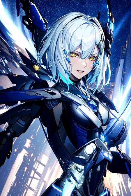 solo,masterpiece, best quality, girl,medium breasts, sliver hair,blue hair,mixcolored hair,machinery,machine wings,machinery girl,expressionless,upper body,yellow eyes,blue armor,<lora:Yuu:0.6>,starry,night,stars,