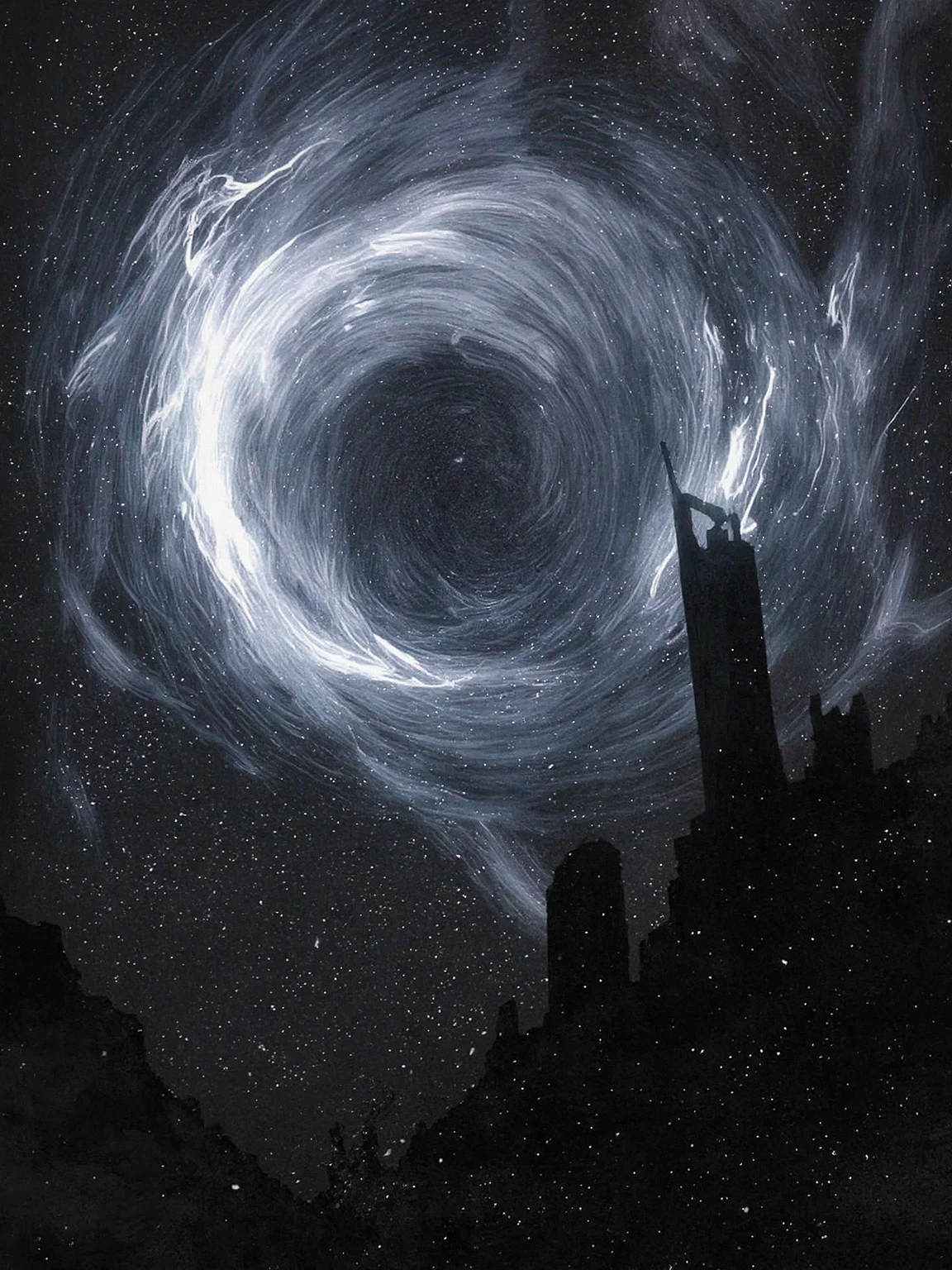 In a desolate, darkened expanse of space, a vampire's silhouette twirls amidst a swirling vortex of starlight, drawn to the mesmerizing glow of a supernova black hole. The fortress of shadows looms in the distance, its foreboding architecture shrouded in an aura of malevolent mystery. As the camera zooms in, the viewer is enveloped in a world of stark contrasts: the vampire's ethereal beauty is juxtaposed against the harsh, unforgiving environment of the cosmos. Volumetric lighting casts eerie shadows across the vampire's face,, <lora:Flux_Turbo_Alpha.safetensors:1.0> <lora:Wiz-The_Grit.safetensors:0.7> gritty poster art <lora:flux.1_lora_flyway_Epic-detail_v2.safetensors:0.4> epic gorgeous details