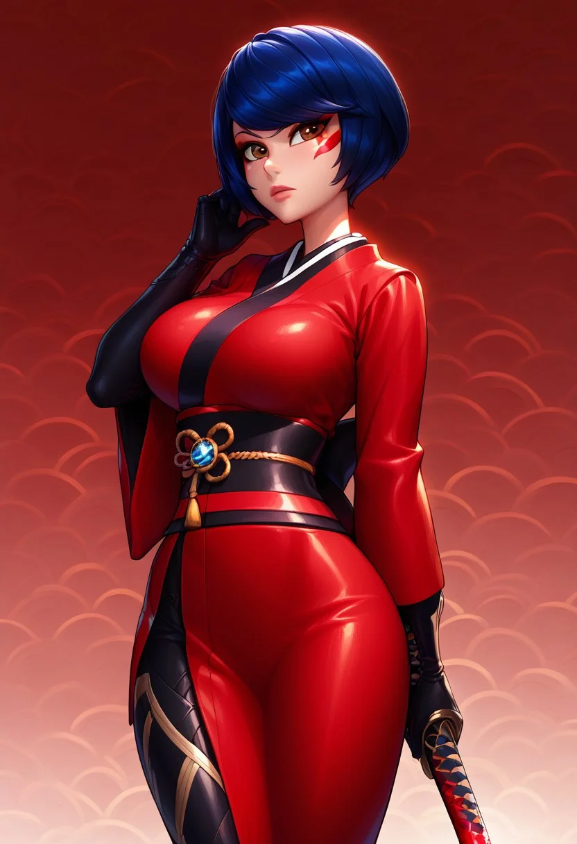 score_9, score_8_up, score_7_up, detailed background, background, volumetric lighting, vibrant colors, girl in a japanese town, feudal japan town,
girl posing, solo girl, girl holding a katana,
imtdtsukag, imtdryukag, 1girl, beautiful girl, perfect face, beautiful eyes, beautiful face, very thin, wide hips, beautiful big breasts, perfect hands, four fingers, one thumb, girl serious expression,
short hair, brown eyes, blue hair, swept bangs, no mask,
ink black leather suit, armored leather suit, half kimono, scarlet red kimono, half torso kimono, one arm kimono, kimono golden dragon patterns, edges kimono black , ink black armored pants leather, katana, large armored leather gloves, ink black gloves, armored leather boots, ink black boots,
easynegative, negative_hand, Expressiveh, good_hands,