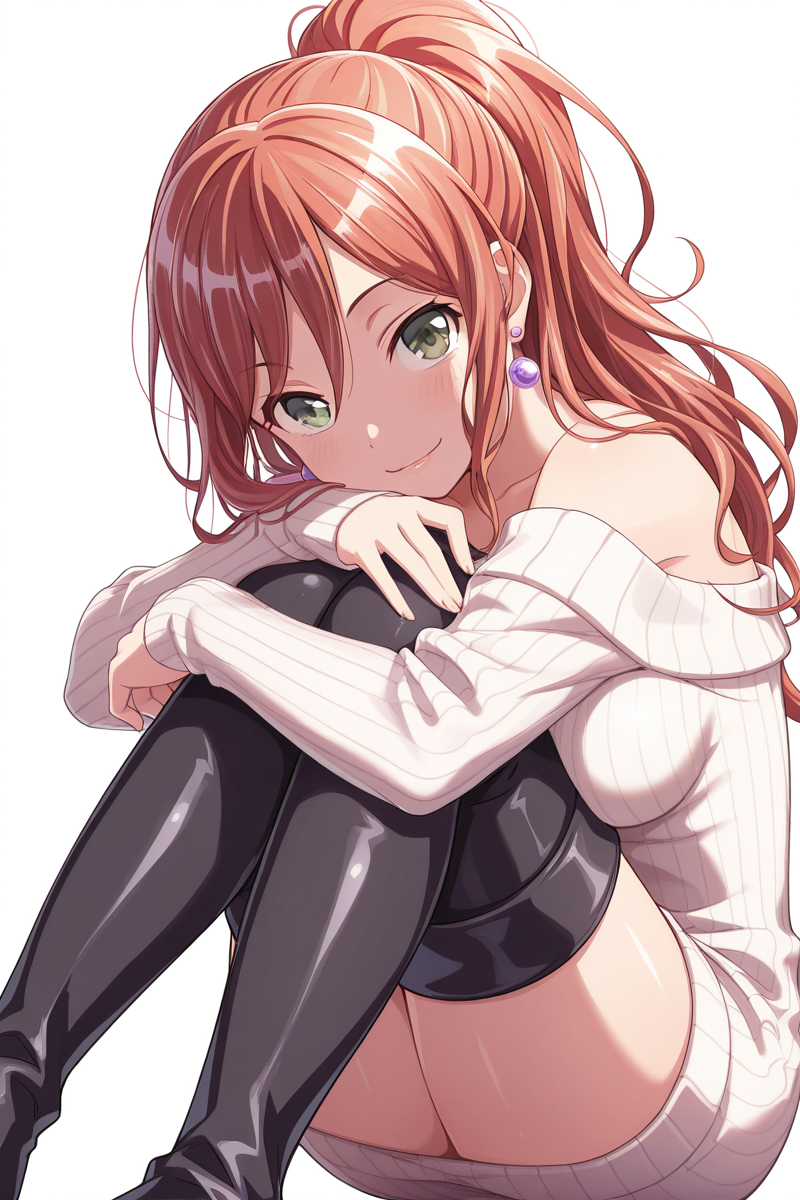 masterpiece, best quality, amazing quality,
 <lora:Lisa_IL:1> lisa_imai, 1girl, solo, long hair, sweater, thigh boots, thighhighs, green eyes, earrings, jewelry, smile, boots, shiny, ribbed sweater, looking at viewer, white background, sitting, hair between eyes, sweater dress, ponytail, shiny hair, simple background, red hair, dress, off shoulder, black footwear, knees to chest, sweatersk