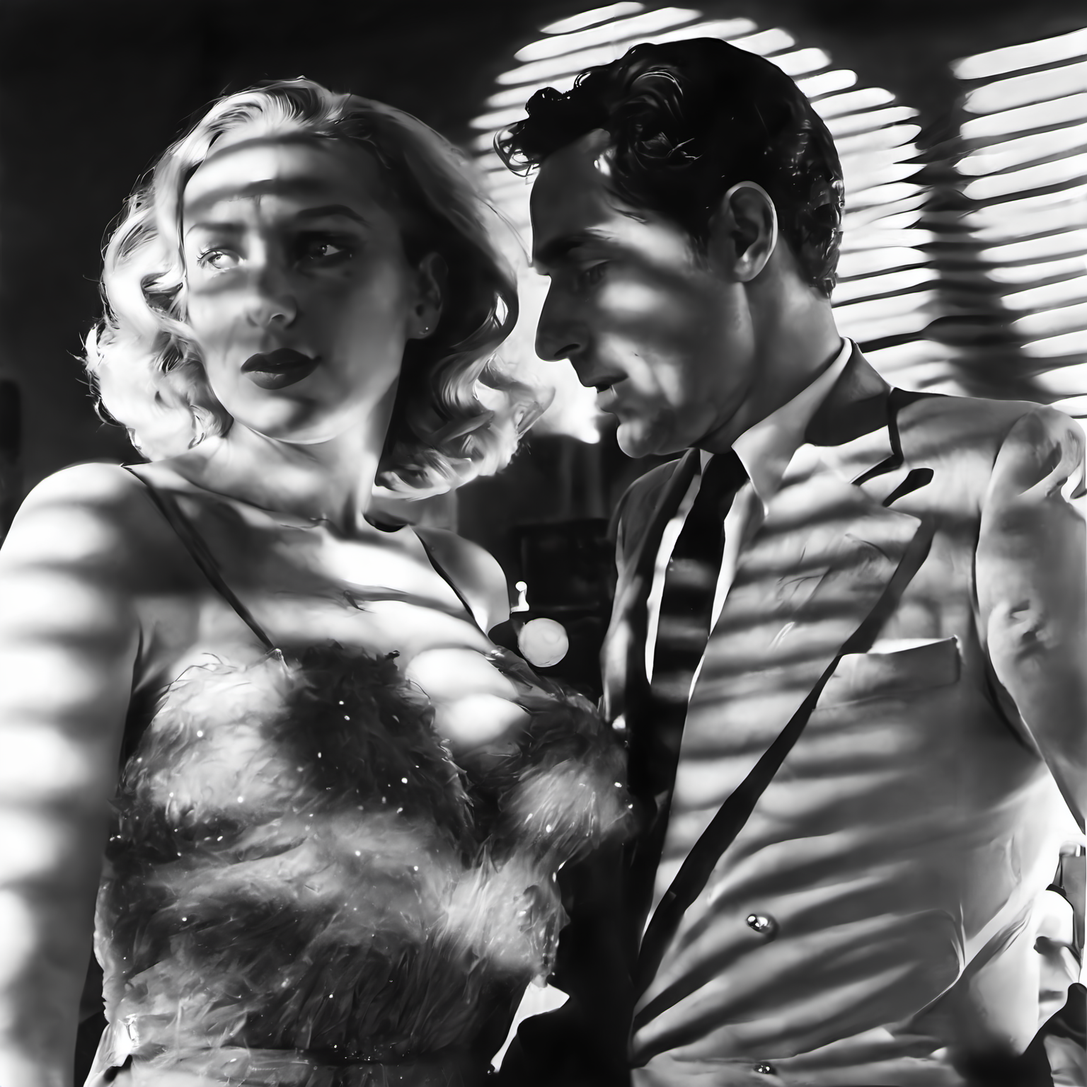 sunlight_str1, by Philippe Halsman, b&w photograph, two shot, people inside a night club <lora:sunlight_str1:1>