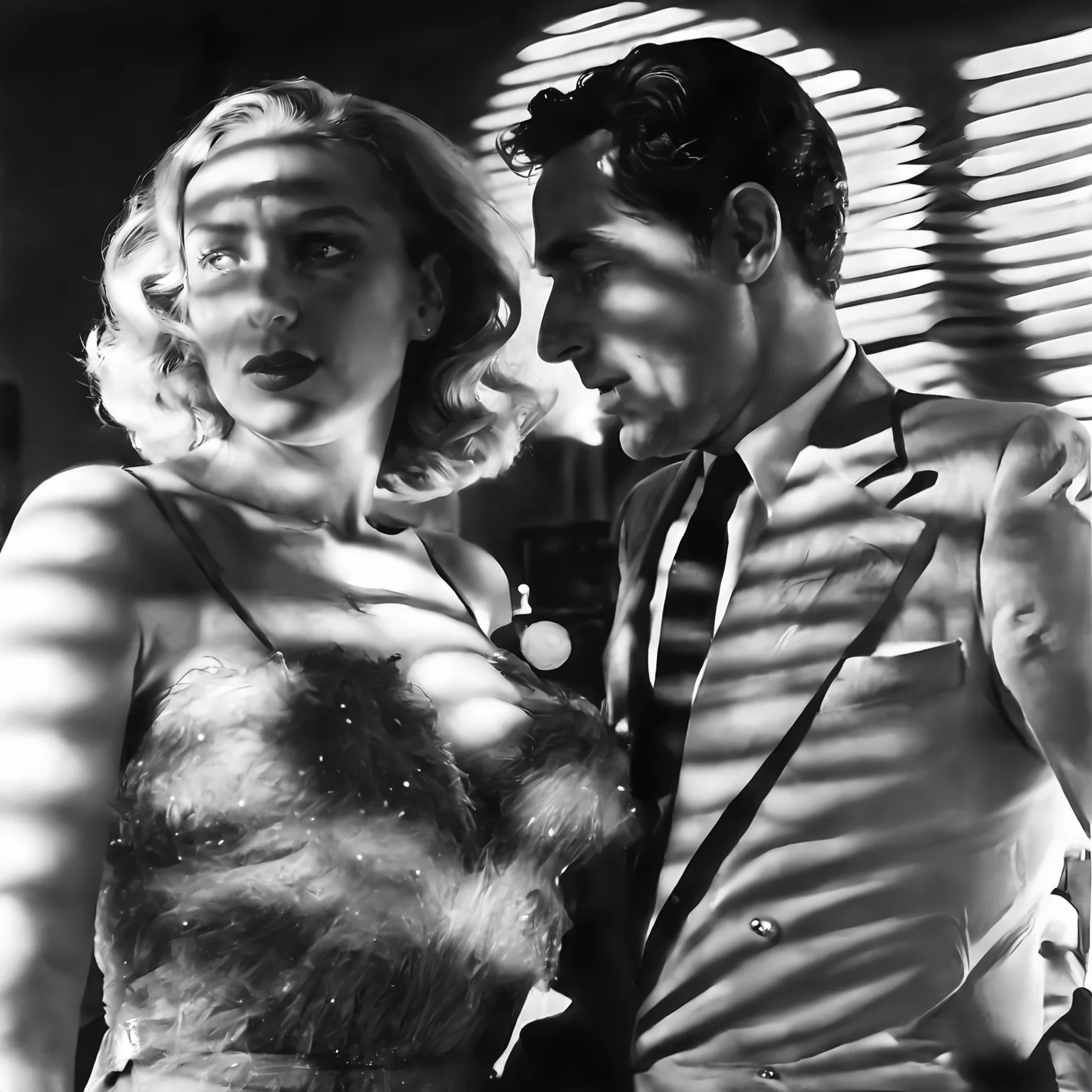 sunlight_str1, by Philippe Halsman, b&w photograph, two shot, people inside a night club <lora:sunlight_str1:1>